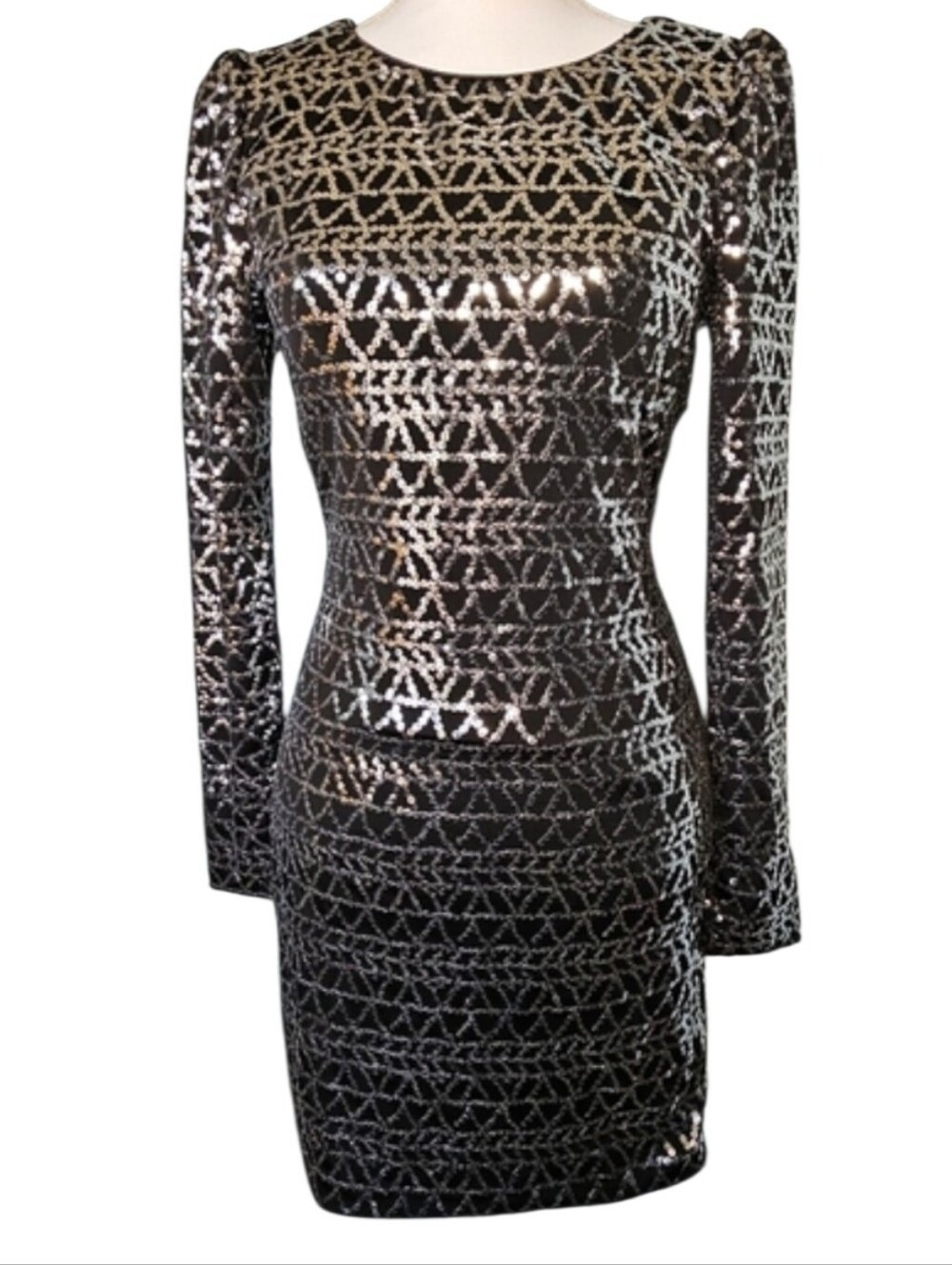 Vintage Arden B Silver Black Sequined Bodycon Party‎ Dress Back Cut Out Size M